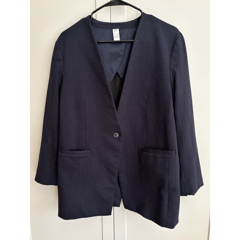 Spanx Perfect Oversized Blazer Womens L Navy Blue Collarless Ponte Office Career